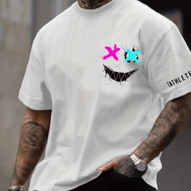 Smile Face Print, Men's Graphic Design Crew Neck T-shirt, Casual Comfy Tees Tshirts For Summer, Men's Clothing Tops For Daily Vacation Resorts