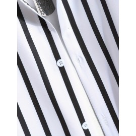 Vertical Striped Men's 2Pcs Outfits, Casual Camp Collar Lapel Button Up Short Sleeve Shirts And Drawstring Shorts Set For Summer, Men's Clothing Vacation Loungewear