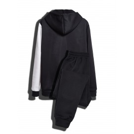 Creative Pattern Print, Men's 2Pcs Outfits, Casual Hoodies Long Sleeve Hooded Sweatshirt And Sweatpants Joggers Set For Spring Fall, Men's Clothing