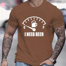 'I Need Beer' Pattern Print Men's Comfy T-shirt, Graphic Tee Men's Summer Outdoor Clothes, Men's Clothing, Tops For Men