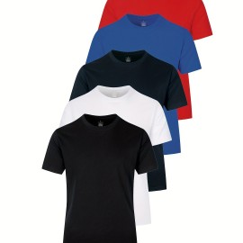 5pcs Multi Color Men's Solid Comfy Cotton Casual T-Shirts Set, Basic Crew Neck Tees For Summer Sports