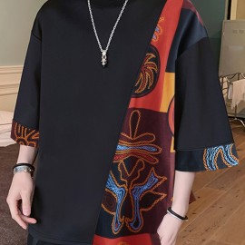 Men Loose T-Shirt Patchwork Round Neck Tee Streetwear Vintage Tops