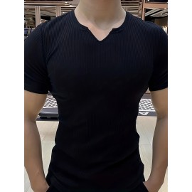 Men's Stylish Solid Shirt, Casual Breathable V Neck Short Sleeve Tee Top For City Walk Street Hanging Outdoor Activities