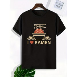 Ramen Lover Pattern Print Men's Comfy Slightly Stretch T-shirt, Graphic Tee Men's Summer Clothes, Men's Casual Outfits For Sports Fitness