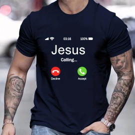 JESUS CALLING Creative Pattern Men's T-shirt For Summer Outdoor, Men's Trendy Crew Neck Tops