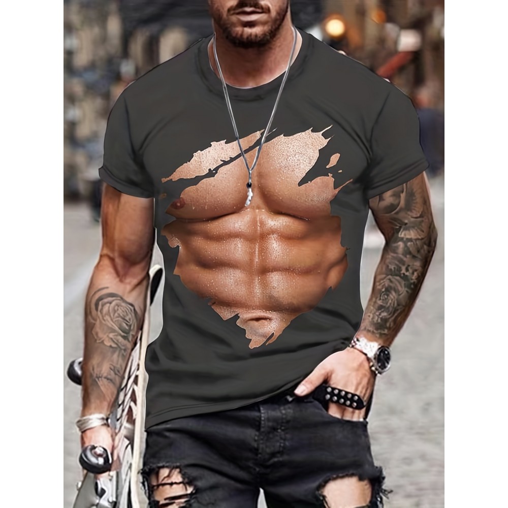 Sexy Muscle 3D Digital Pattern Print Men's Graphic T-shirts, Causal Comfy Tees, Short Sleeves Comfortable Pullover Tops, Men's Summer Clothing