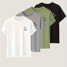 4pieces Men's Stylish Smiling Face Pattern Shirt, Casual Slightly Stretch Breathable Crew Neck Short Sleeve Tee Top For City Walk Street Hanging Outdoor Activities