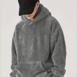 Coral Fleece Solid Color Hoodies For Men, Warm Hoodie With Kangaroo Pocket, Comfy Loose Trendy Hooded Pullover, Men's Clothing For Autumn Winter