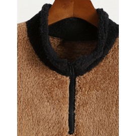Men's Color Block Fuzzy Bear Pattern Sweatshirt, Half Zip Stand Collar Warm Pullover For Autumn Winter