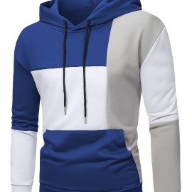 Patchwork Color Block Hoodie With Kangaroo Pocket, Men's Casual Solid Color Slightly Stretch Drawstring Pullover Hooded Sweatshirt For Spring Fall